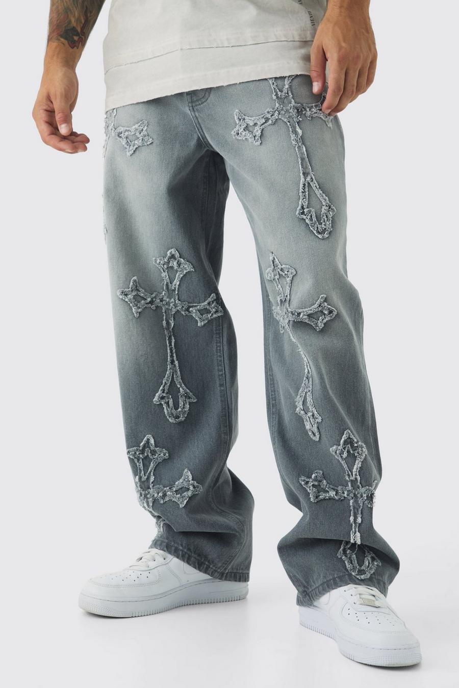 Baggy Rigid Cross Applique Jeans In Light Grey | boohoo USA Baggy Rigid Cross Applique Jeans In Light Grey | boohoo USA